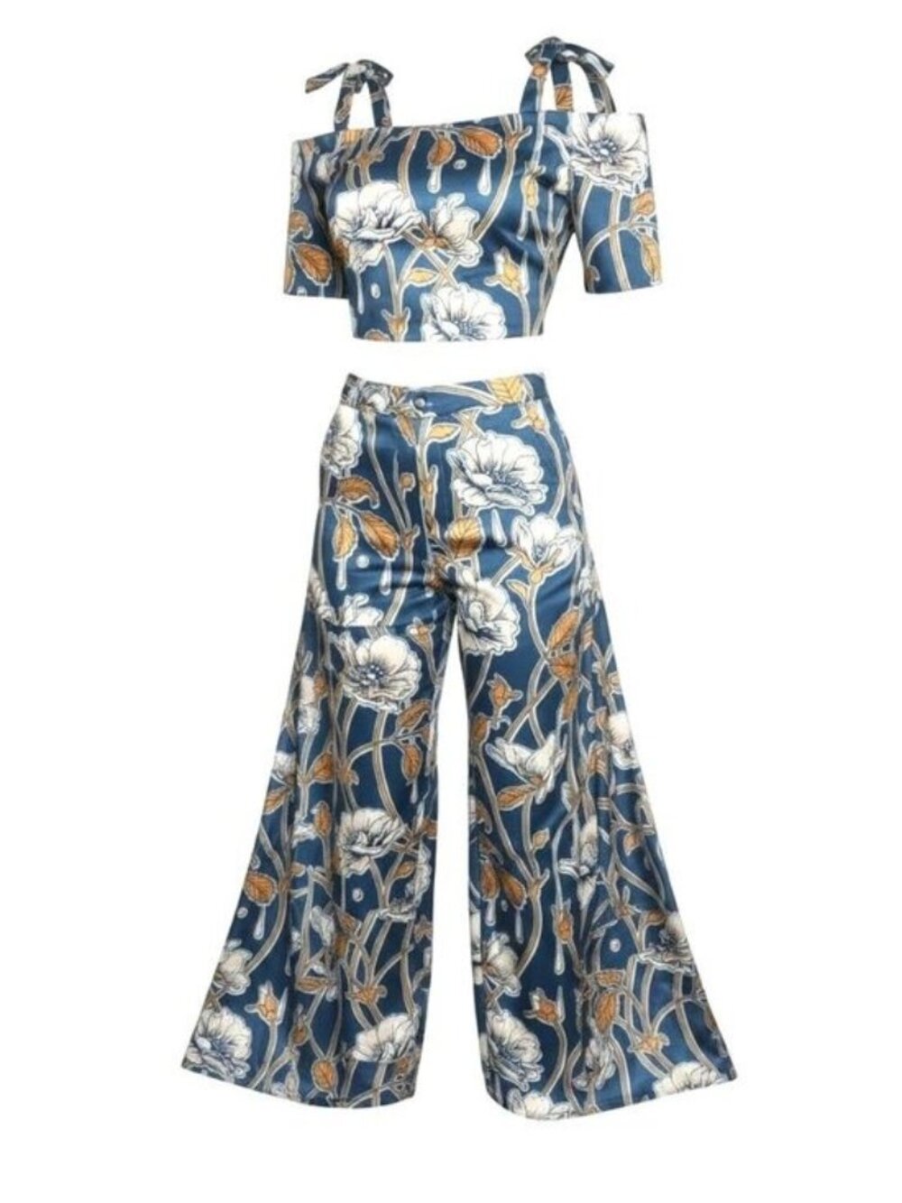 NWT Silvae Blue Floral Two Piece Matching Set Crop Top & Pants Tie Shoulder